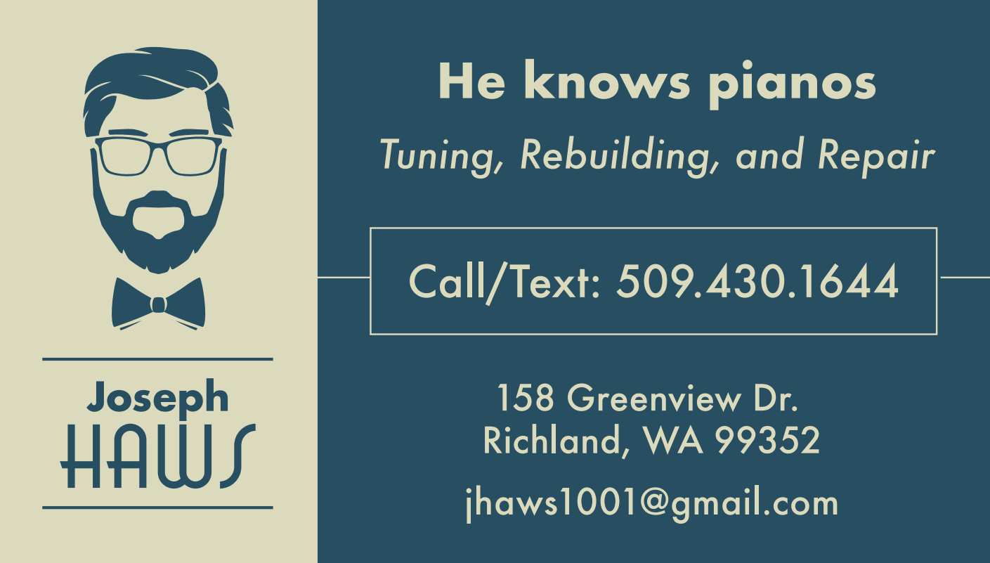 Joseph Haws Piano Services Business Card - Tri-Cities, WA